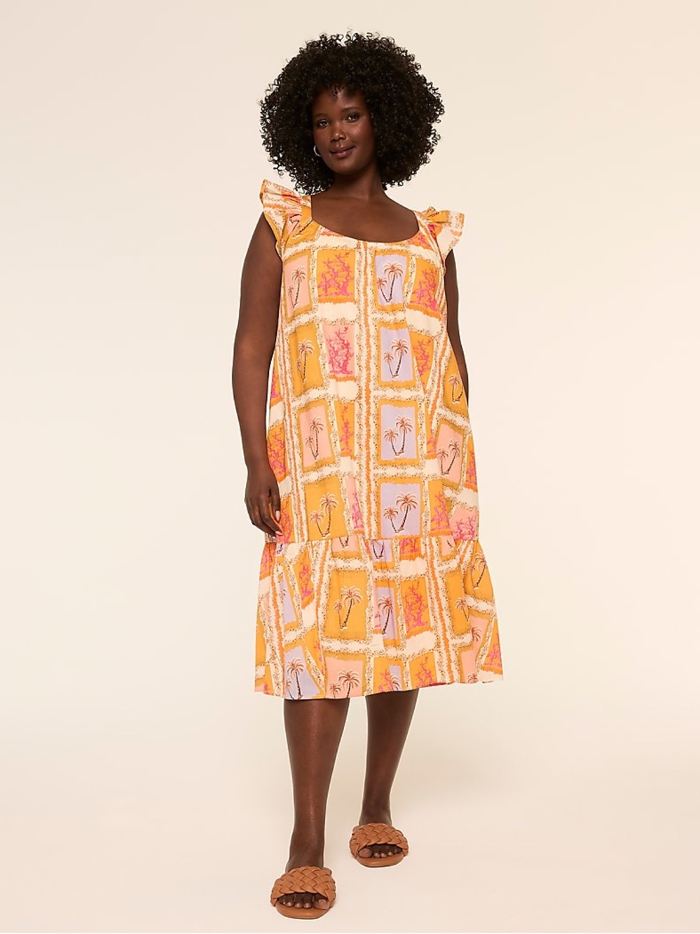 Lane Bryant Orange Flutter-Sleeve Palm Tree Postcard Midi Shift Dress Size 22/24